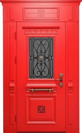 Парадная термодверь с фрамугой, боковыми вставками, ковкой, стеклом и отделкой красными плитами МДФ с багетом